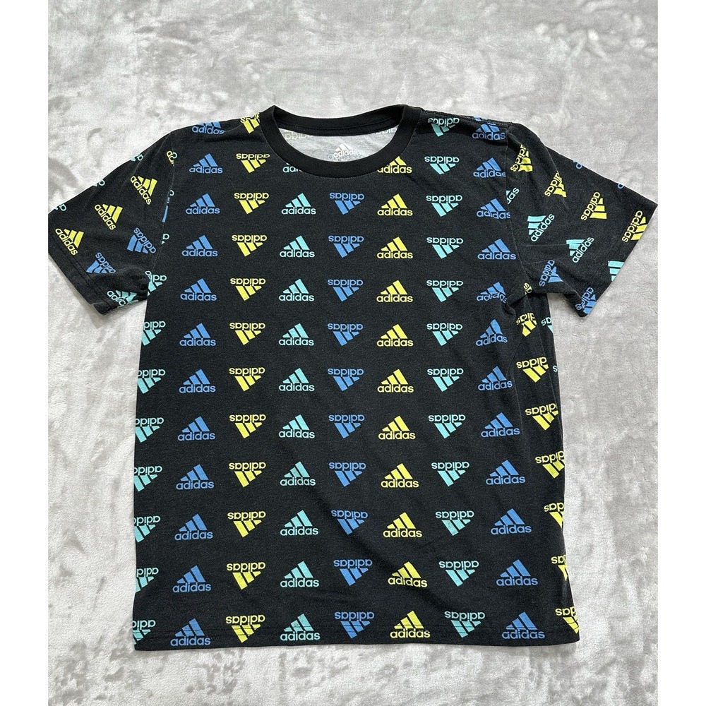 Adidas Shirt Youth Medium Kids 10/12 Black With Multicolored Logo All Over Print